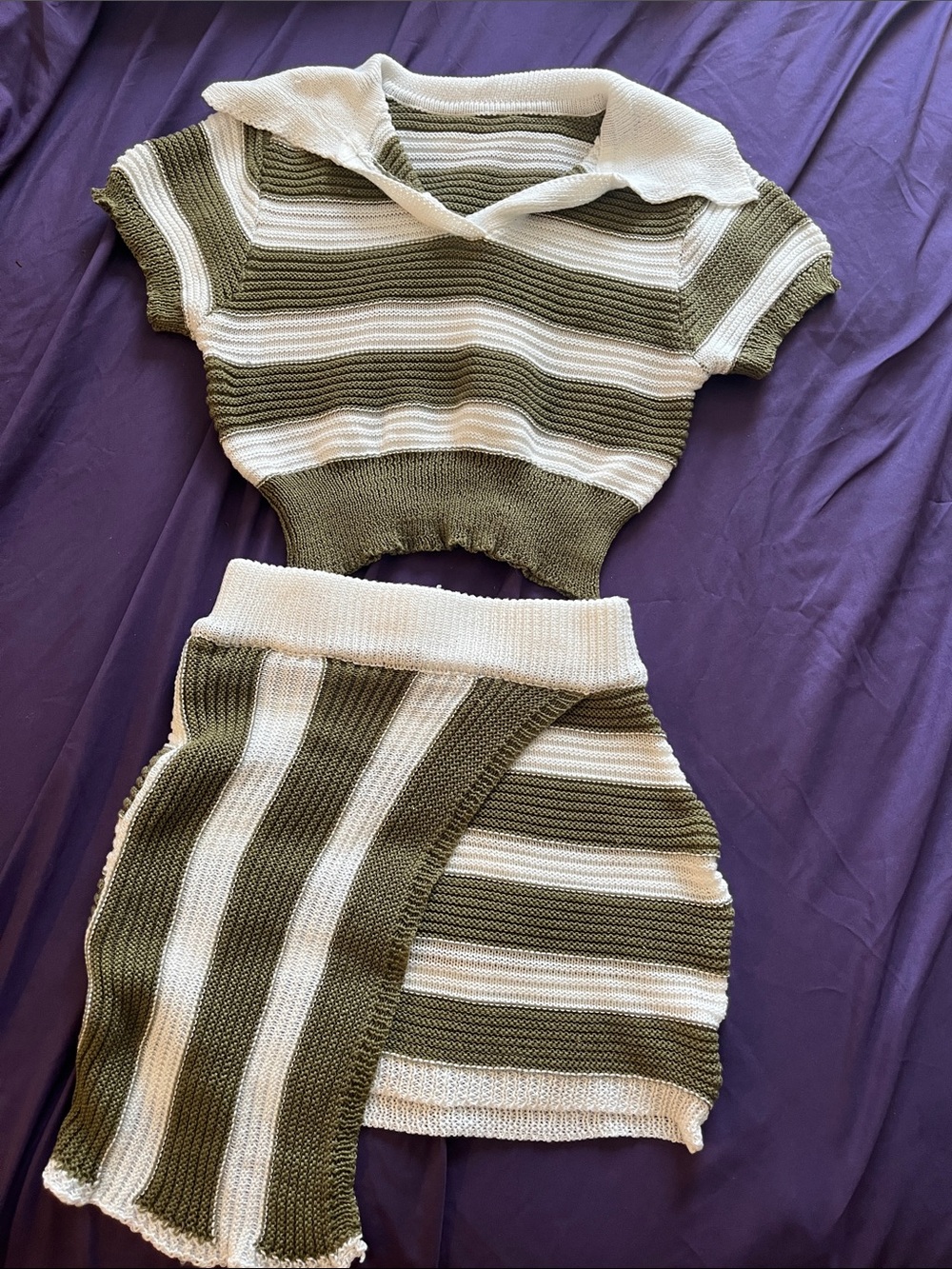 Olive Green and Ivory Striped Knit Skirt - Women